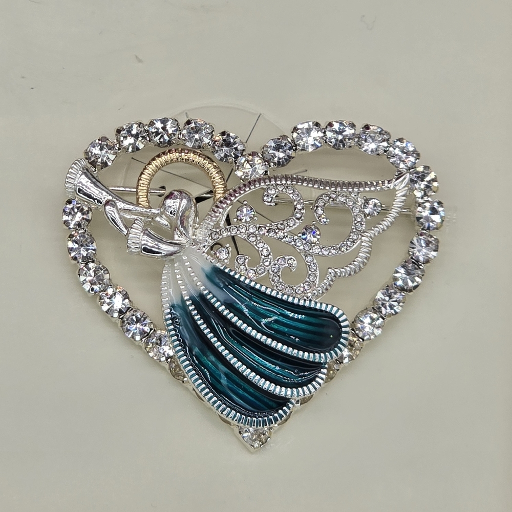 Elegant Silver and Blue Heart Brooch Angel New In Gift Box